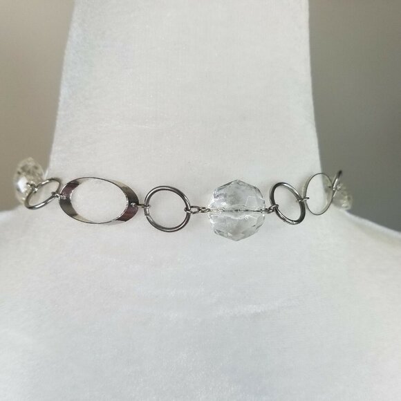 Clear Bead Necklace 32" Silver Tone Oval Chain Mod Retro Style - Picture 7 of 7